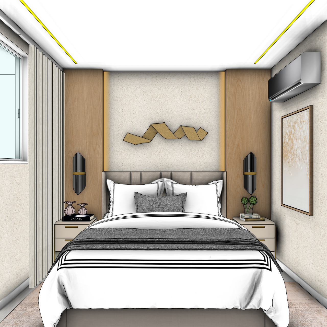 Print do SketchUp de quarto com cabeceira estofada, painéis de madeira e iluminação linear