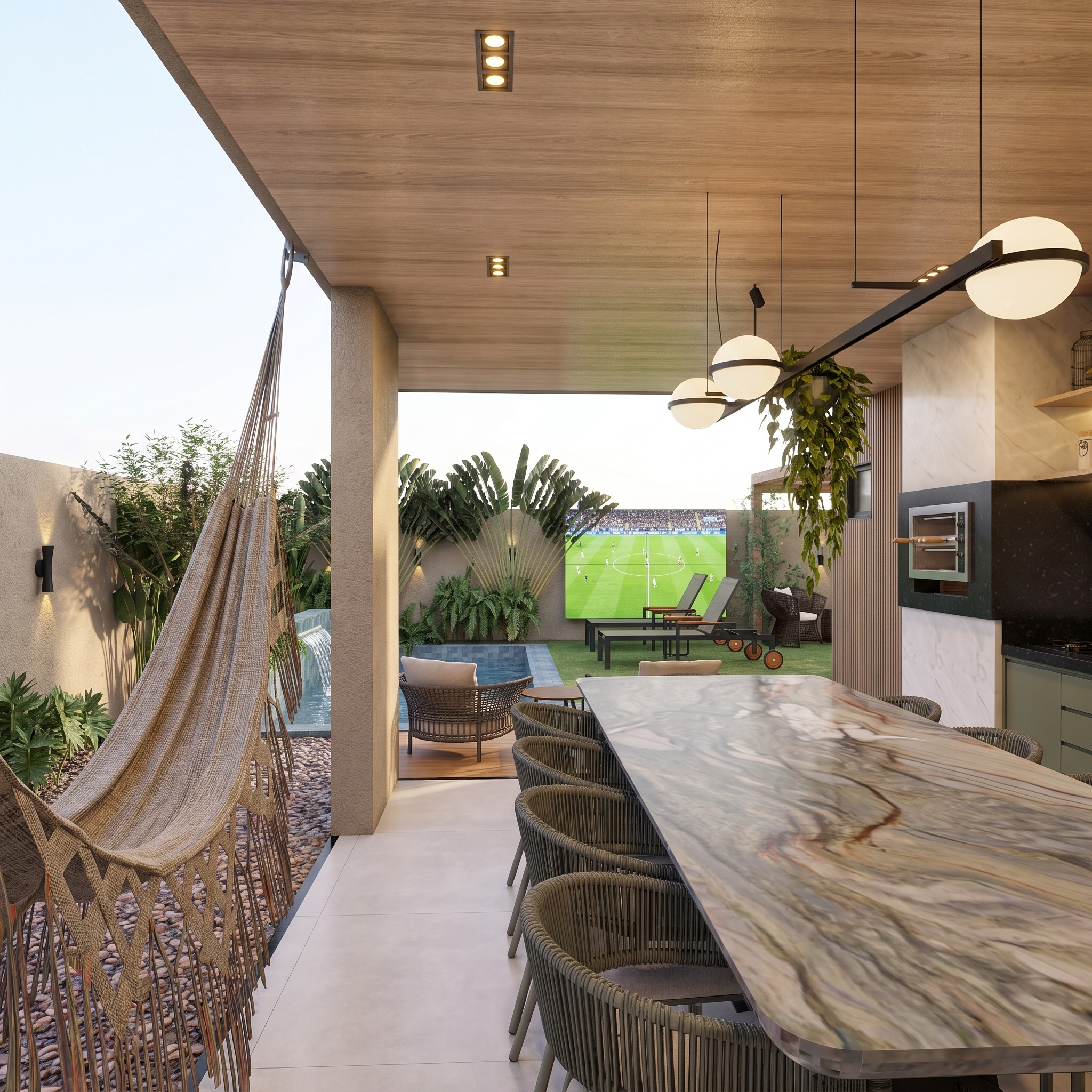 Vista da varanda com mesa e jardim