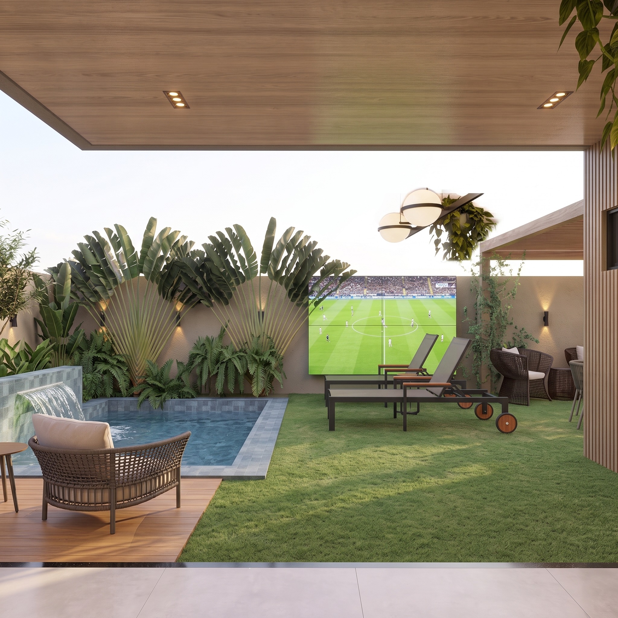 Piscina, vegetação e telão externo