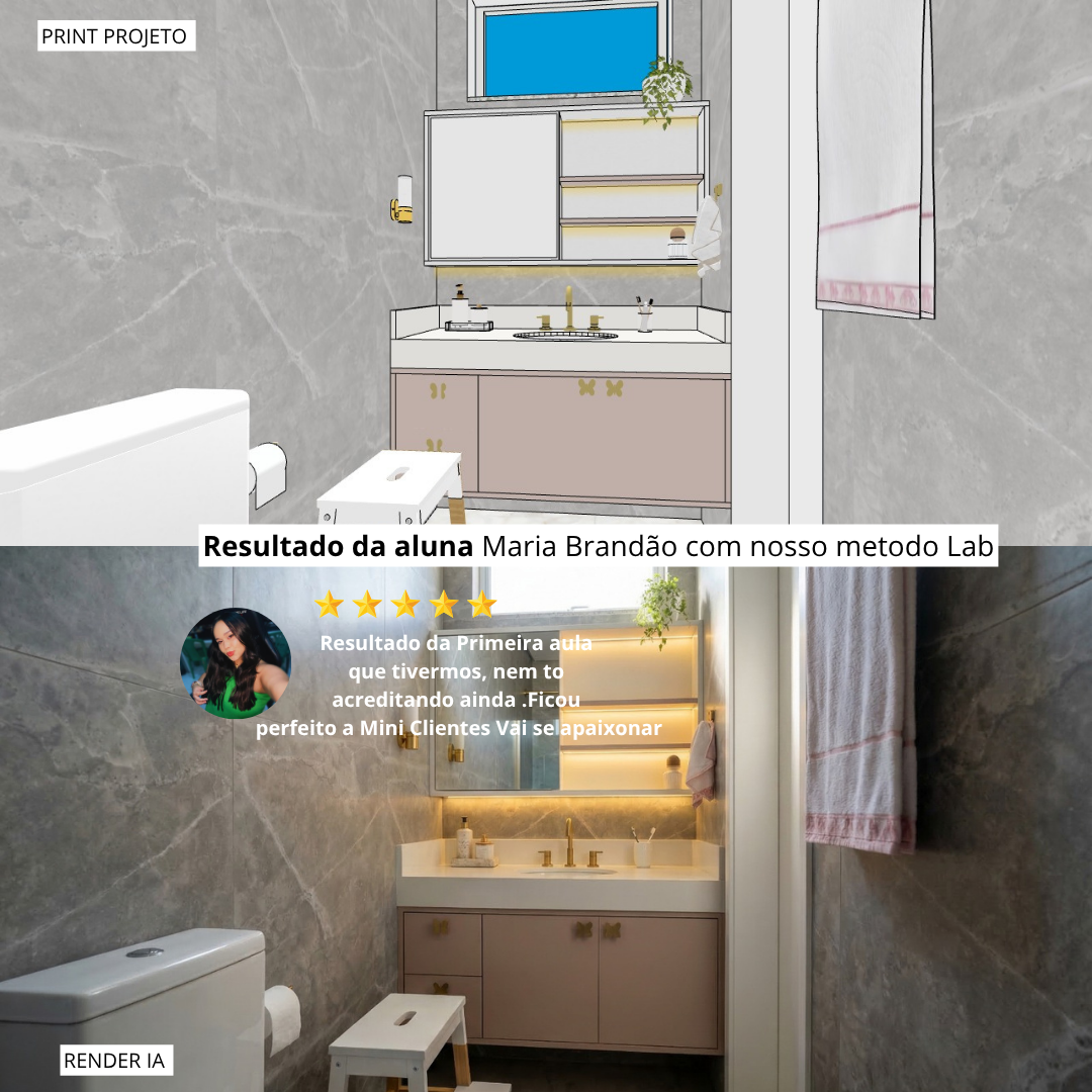 Depoimento de Maria Brandão com print do projeto e resultado renderizado com IA
