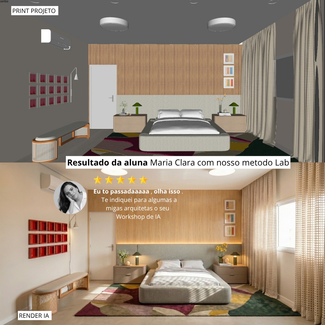 Depoimento de Maria Clara com print do projeto e resultado renderizado com IA