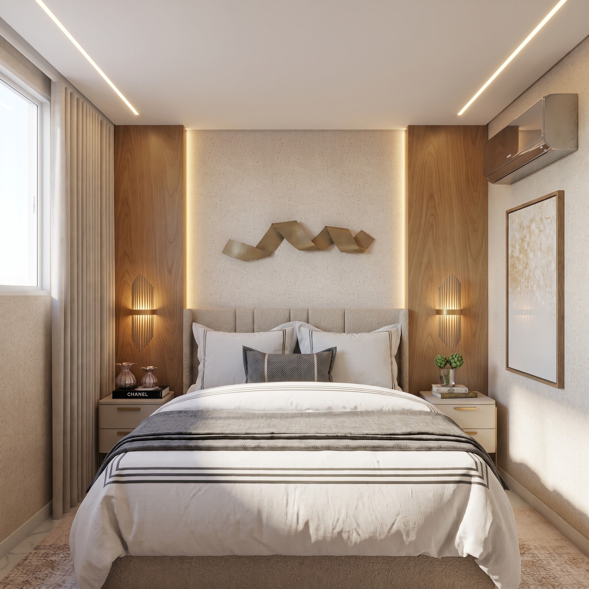 Render com IA do quarto com cabeceira estofada, painéis de madeira e iluminação linear