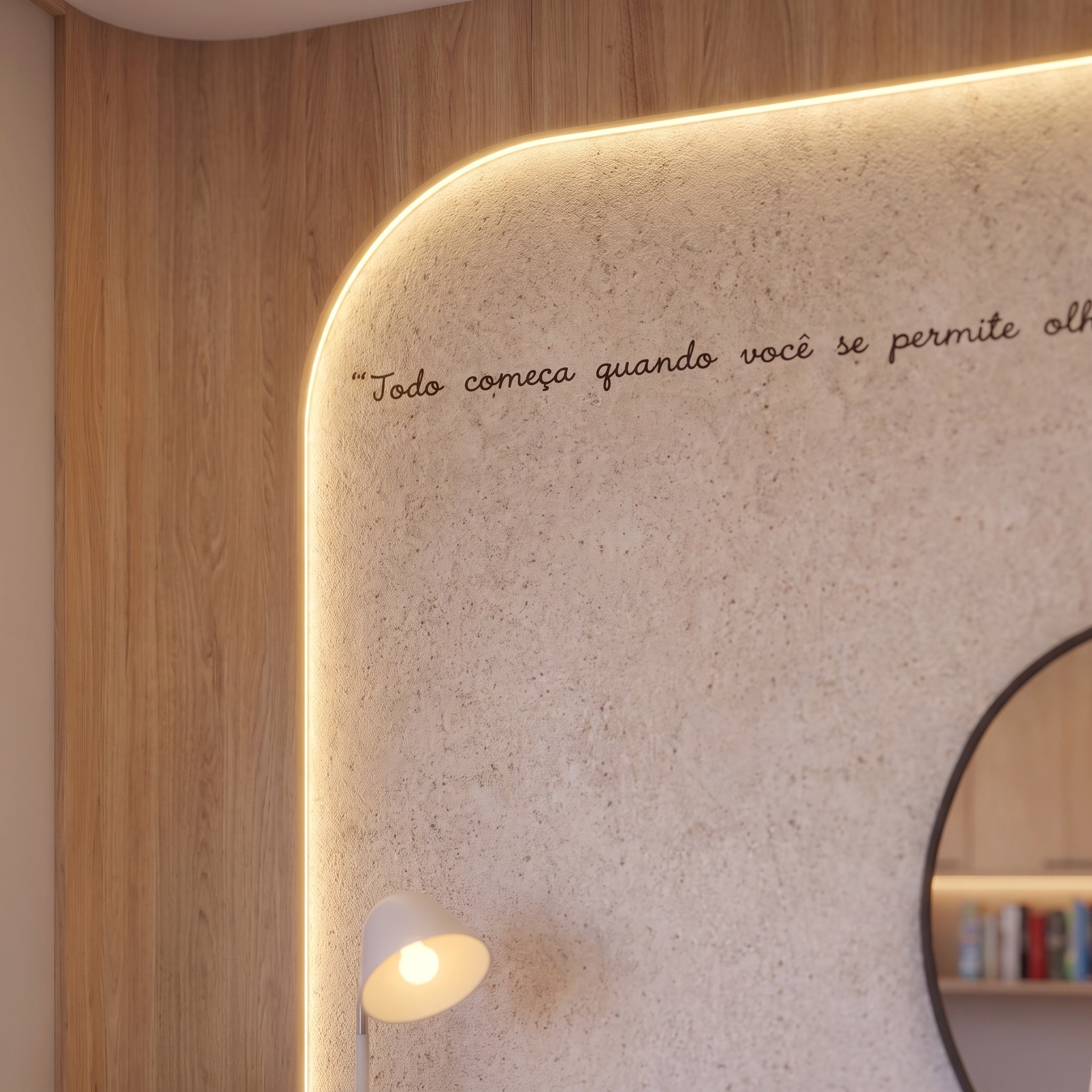 Detalhe da parede texturizada e iluminação