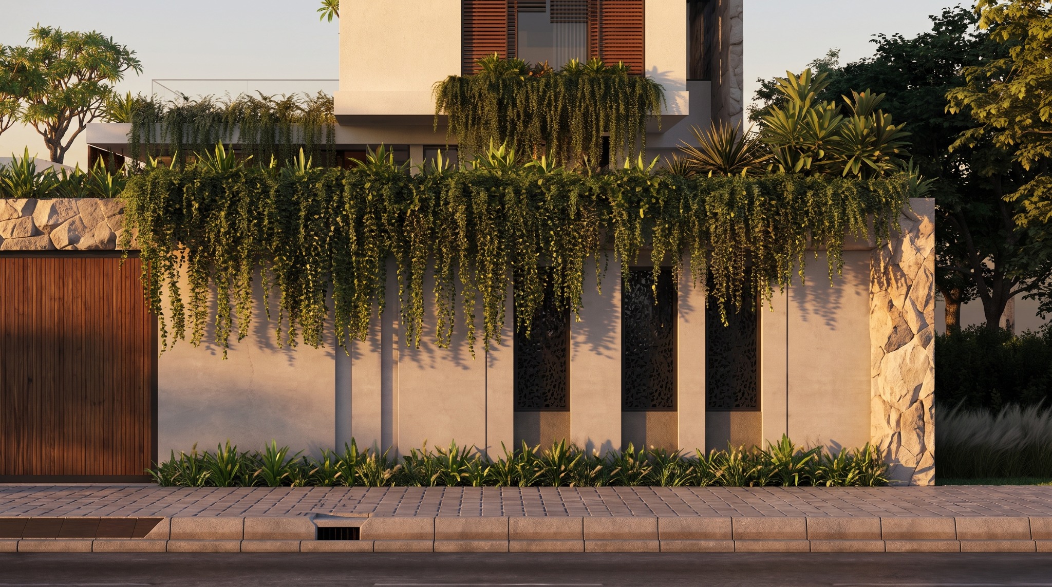 Fachada Minimalista — Muro com pedra e vegetação pendente