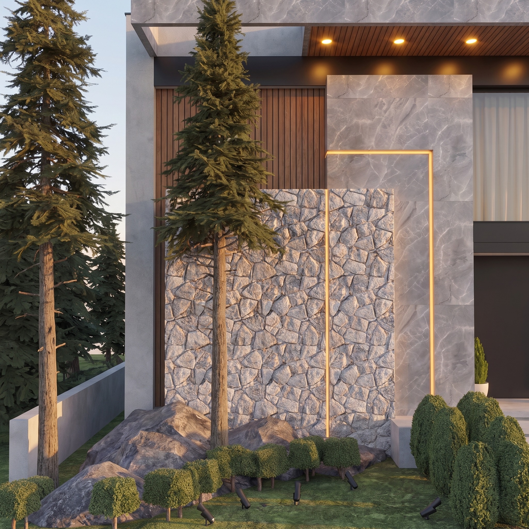 Fachada residencial — Revestimento de pedra e vegetação