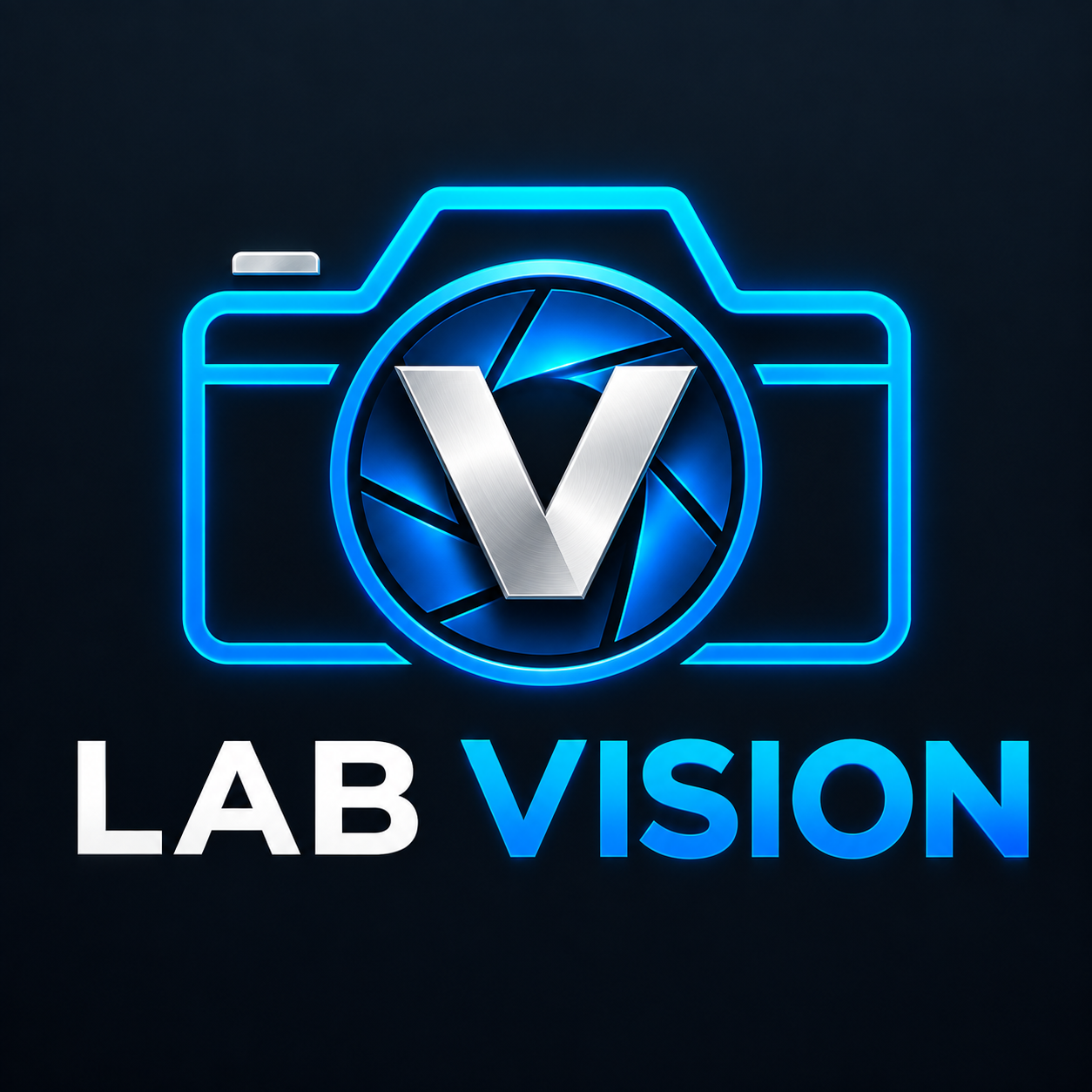 Logo do plugin Lab Vision, câmera azul com a letra V