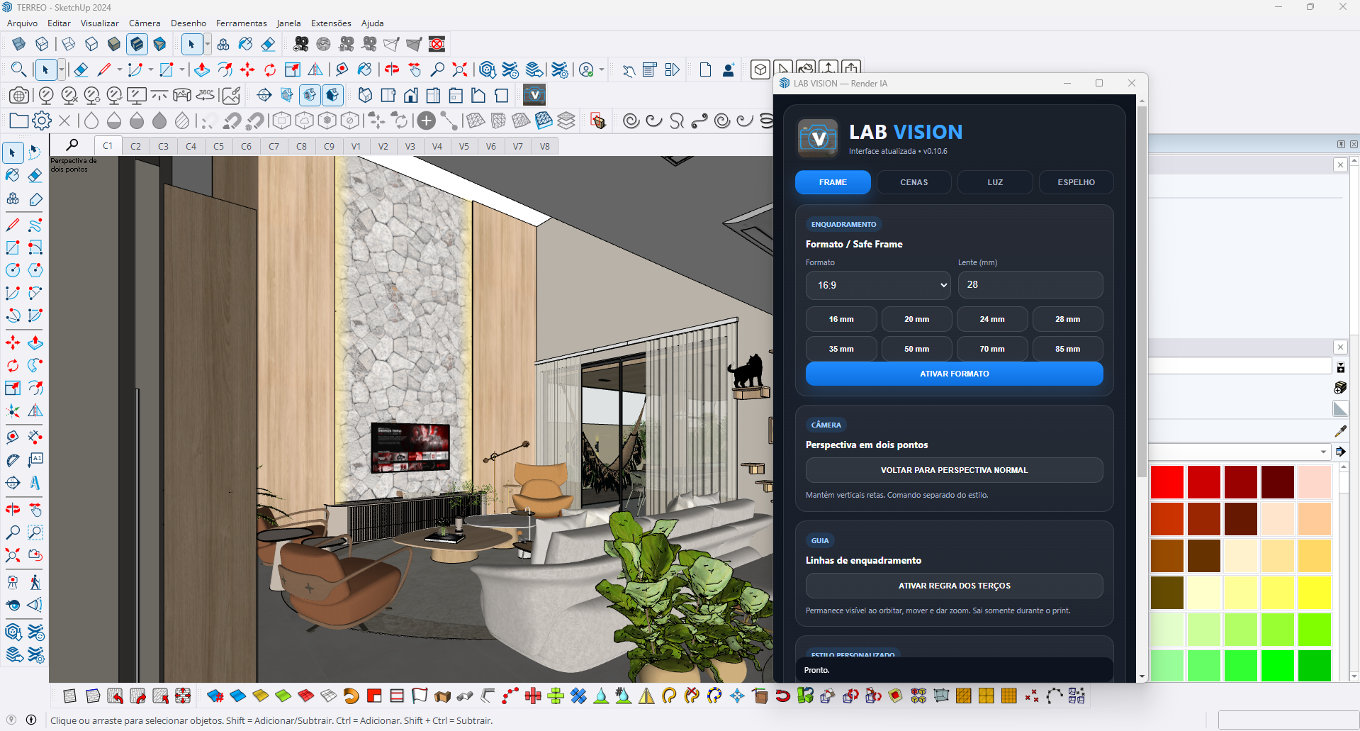 Projeto de sala no SketchUp com o painel do plugin Lab Vision aberto