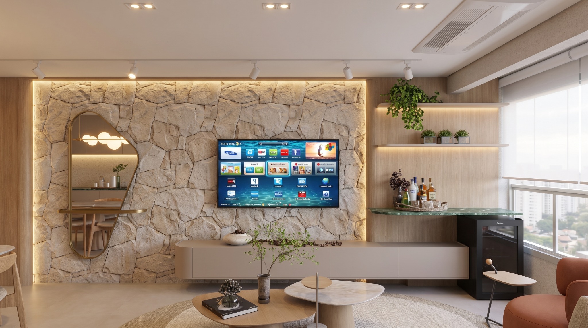 Render de sala de estar com parede de pedra, painel de TV e iluminação integrada