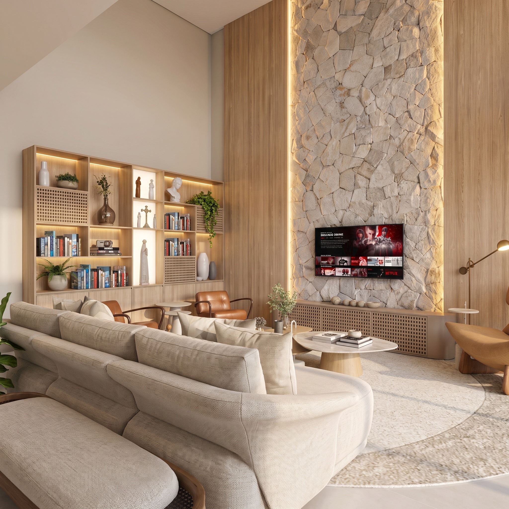 Sala de estar com estante e painel de pedra